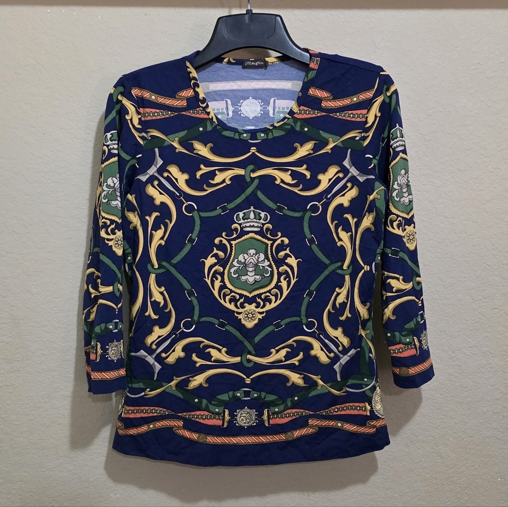 J McLaughlin Signature Top Blue Multicolor Equestrian Catalina Cloth Size Small